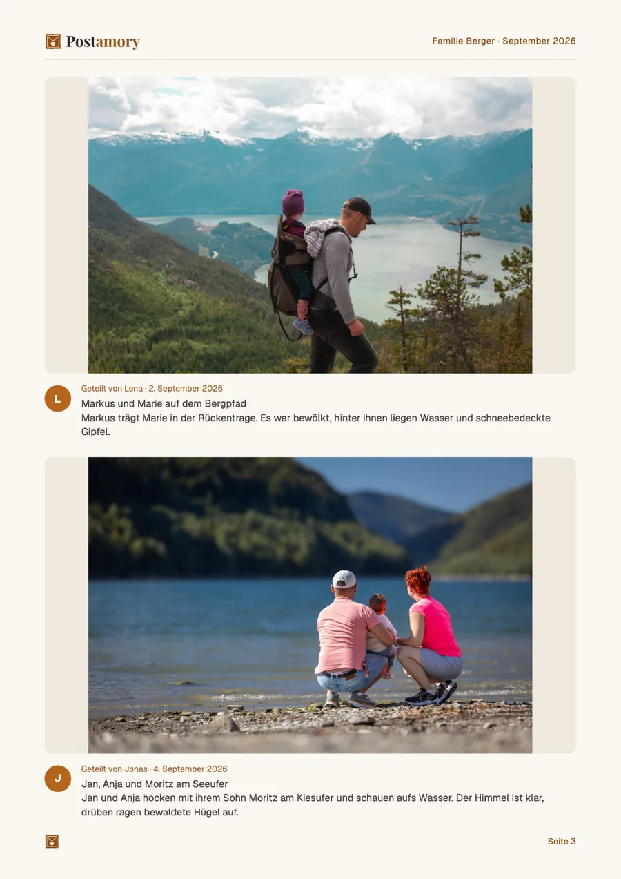 Seite 3: Markus und Marie auf dem Bergpfad; Jan, Anja und Moritz am Seeufer