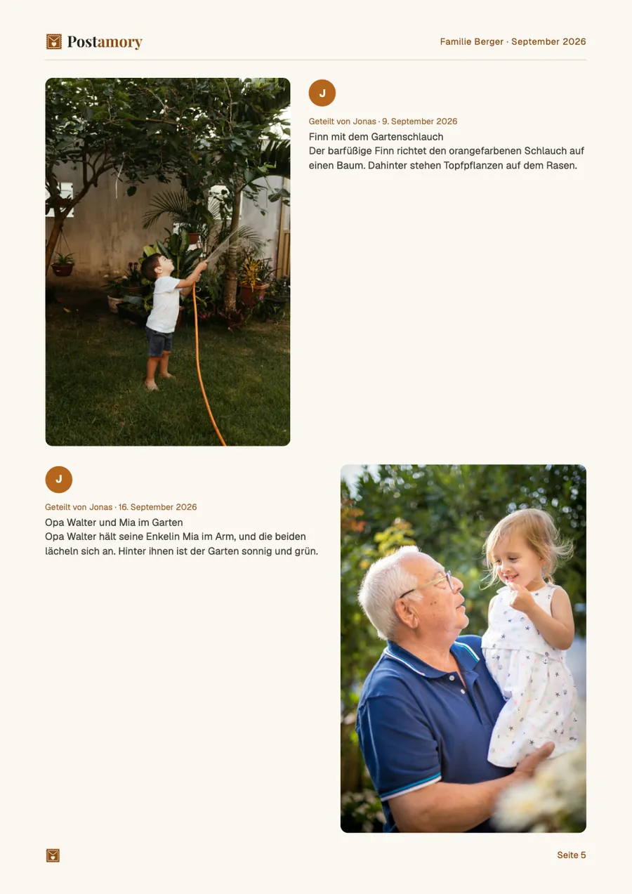 Seite 5: Finn mit dem Gartenschlauch; Opa Walter und Mia im Garten