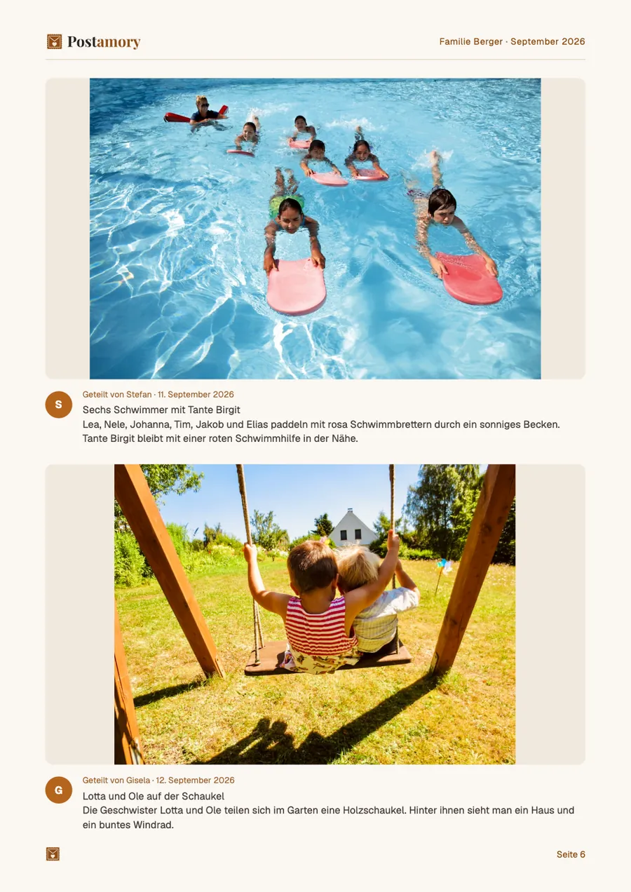 Seite 6: Sechs Schwimmer mit Tante Birgit; Lotta und Ole auf der Schaukel