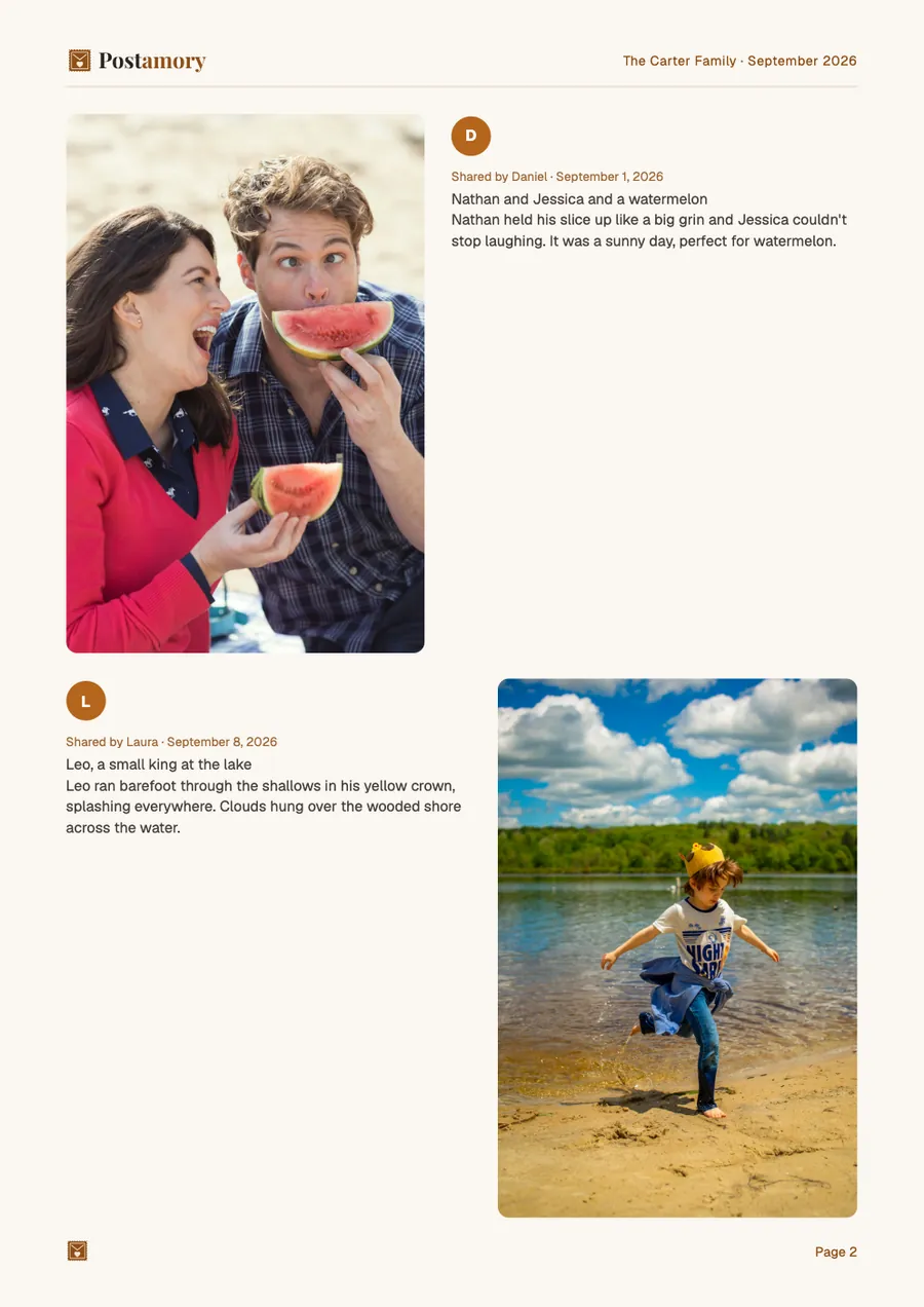 Page 2: Nathan and Jessica and a watermelon; Leo, a small king at the lake