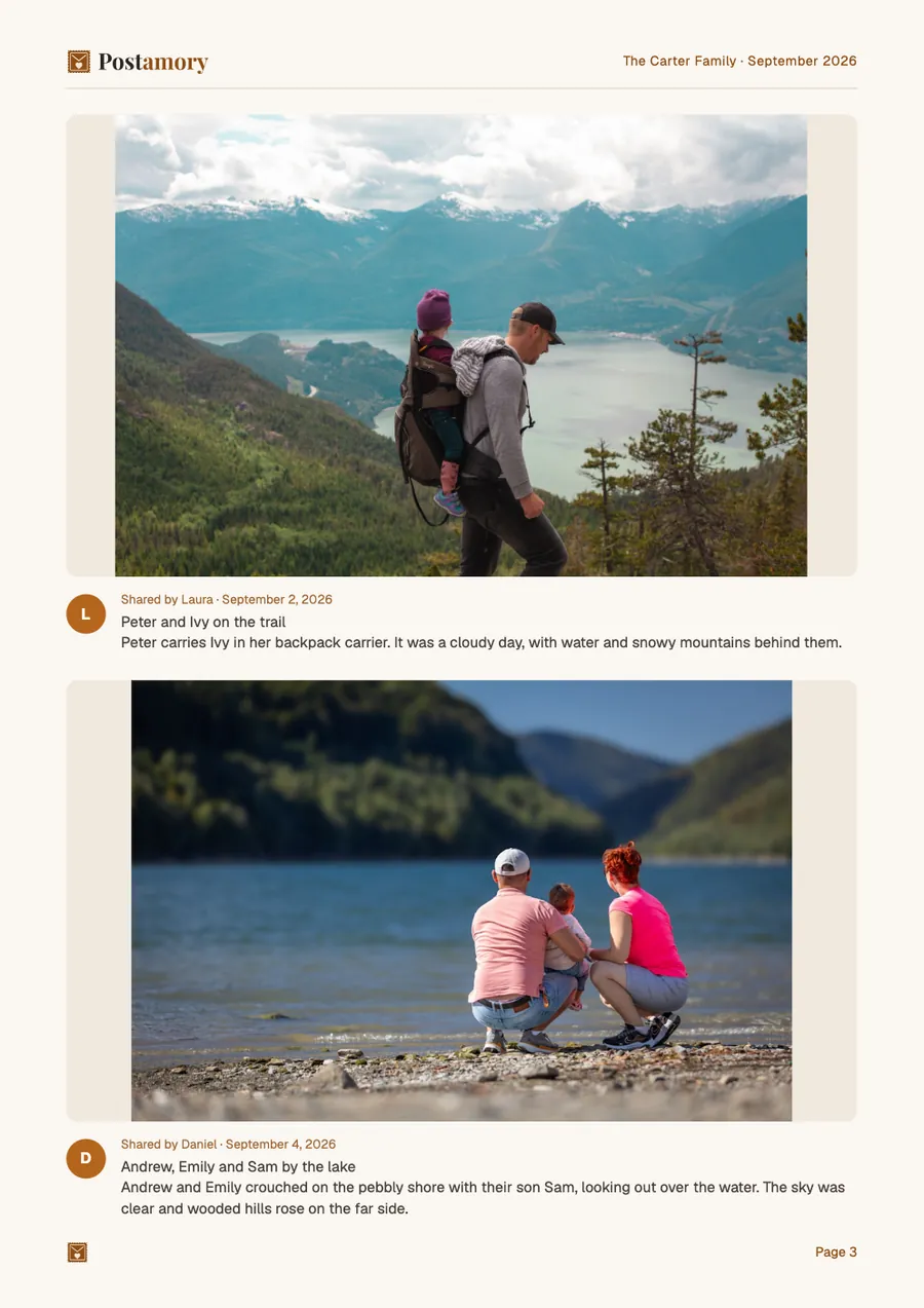 Page 3: Peter and Ivy on the trail; Andrew, Emily and Sam by the lake