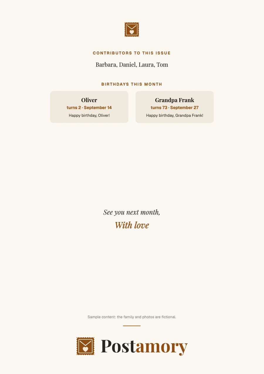 Back cover: Barbara, Daniel, Laura, Tom. See you next month, With love